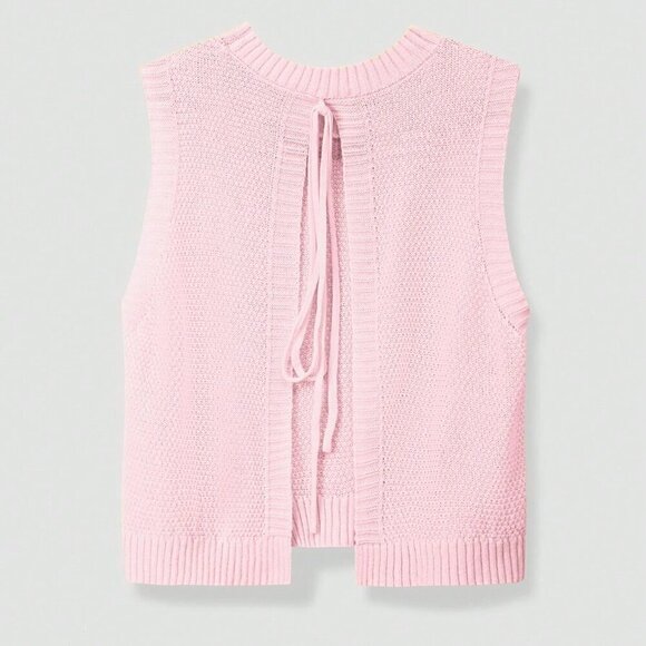 Sweaters - Baby Pink Casual Women's Round Neck Bow Tie Knitted Top